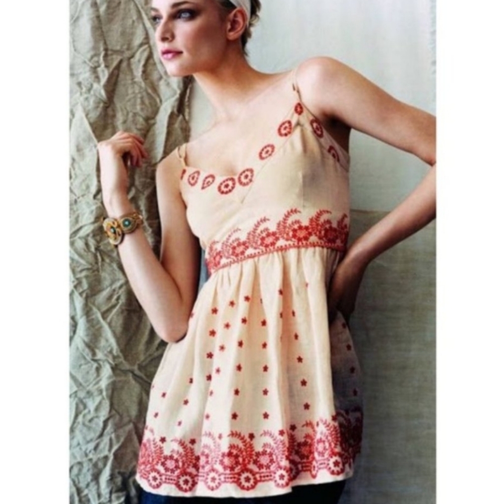 Anthropologie Lithe Linen Peplum Top Embroidered Lace up Back Size 6 Boho
